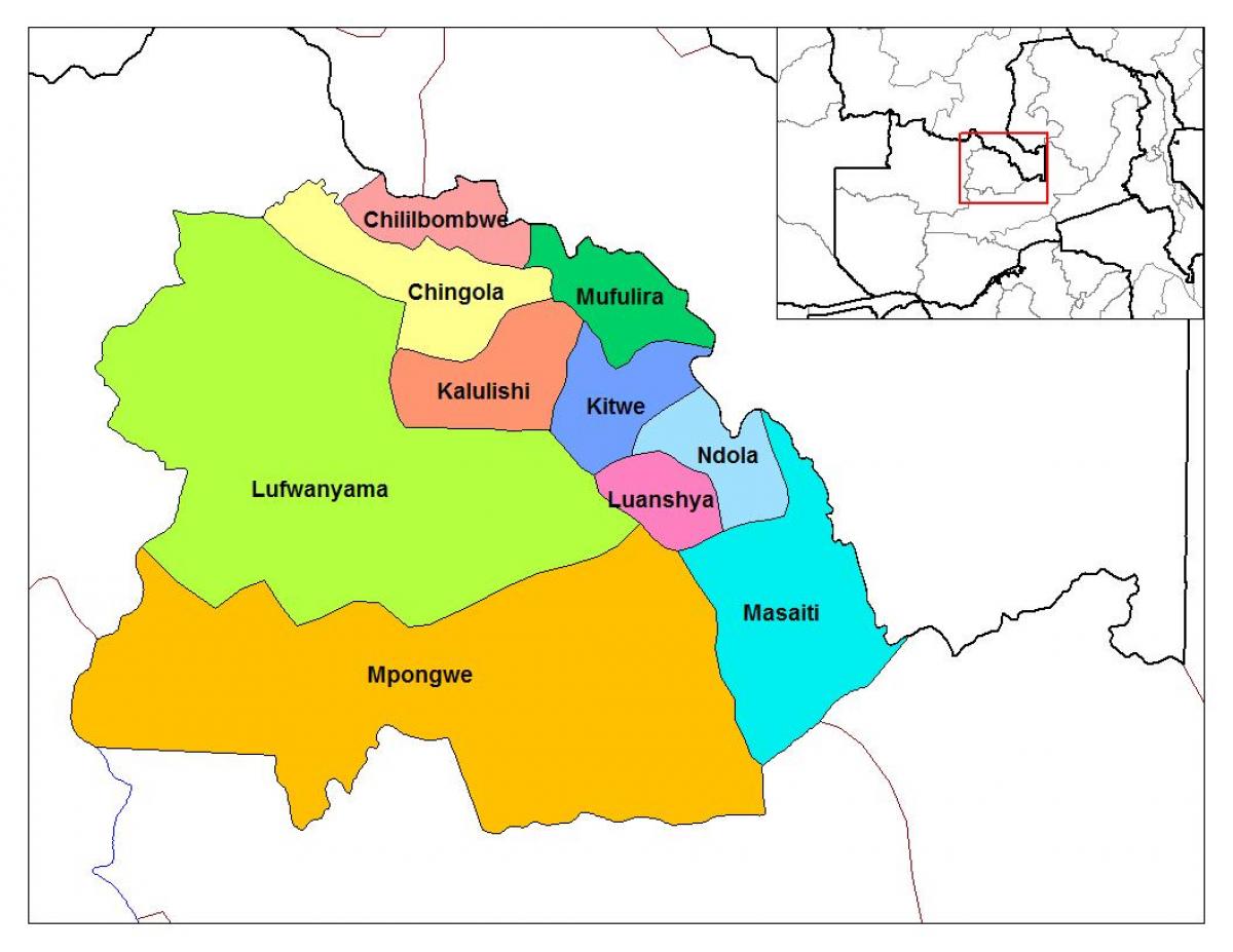mapa copperbelt pokrajini Zambija