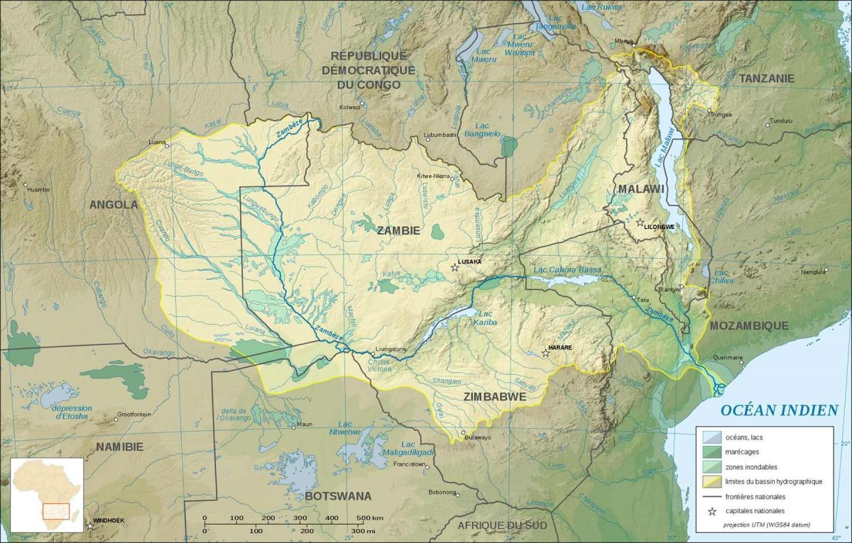 mapa Zambija pokazuje rijeke i jezera