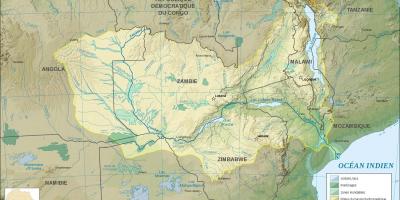 Mapa Zambija pokazuje rijeke i jezera